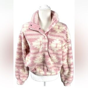 H&M Pink Aztec Western Print Teddy Sherpa Pullover‎ Snap Women’s Size S Fluffy